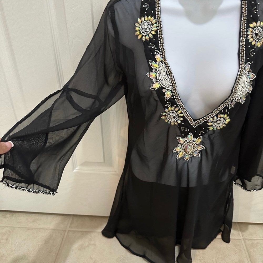 Black Sheer Tunic bathing suit coverup with Embellished Neckline - Picture 3 of 5